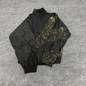 Alpha Factor Windbreaker Womens Size XS Black Gold Splatter Retro USA Zip Jacket